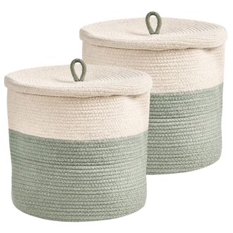 Beliani Conjunto De 2 Cestas De Algod&oacute;n 32 Cm A Rayas Tapa Accesorios Boho Beige/verde Silopi