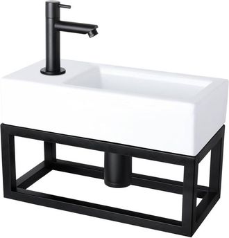 Differnz Helios fonteinset - 37.5x18.5x9.5cm - Rechthoek - 1 kraangat links - Recht matte zwarte kraan - met zwart frame - Keramiek Wit