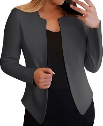 Generic Womens Cropped Blazer Collarless Suits & Blazers Open Front Jackets 3/4 Ruched Sleeves Outerwear Half Linen Cardigan Grey