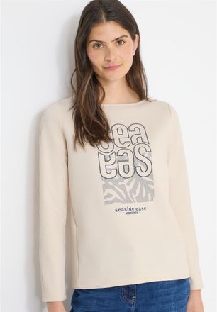 Cecil Langarmshirt CECIL, Damen, Gr. XXL (46), pearl beige, Sweatware, Obermaterial: 47% Baumwolle, 47% Polyester, 6% Elasthan, bestickt, normal, U-Boot-Aus