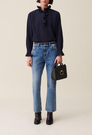 Claudie Pierlot Blouse ray&eacute;e volants bleu fonc&eacute;
