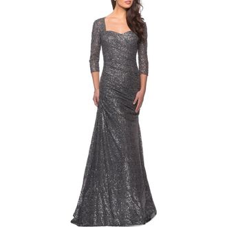 La Femme Floor Length Sequin Gown with Ruching and Sleeves in Gunmetal at Nordstrom, Size 18