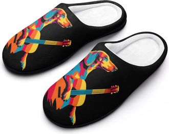 Generic Dachshund Playing Guitar Men Slippers Funny House Shoes Cotton Slipper for Indoor Outdoor