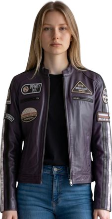 Infinity Leather Womens Biker Racing Badges Purple Leather Jacket-Incheon