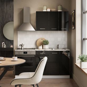 Vicco Cocina Para Solteros R-line, Negro Brillo/blanco, 160 Cm Con Mueble Para Horno Empotrado Sin Encimera, Vicco