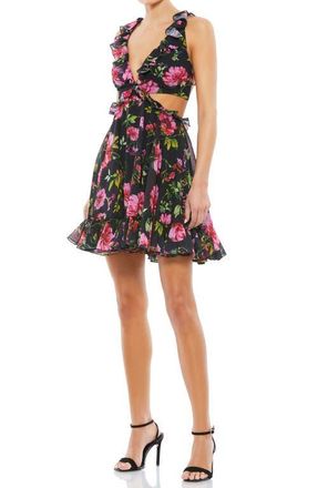 Mac Duggal Floral Ruffle Cut Out Lace Up Flowy Mini Dress in Black Multi at Nordstrom, Size 2