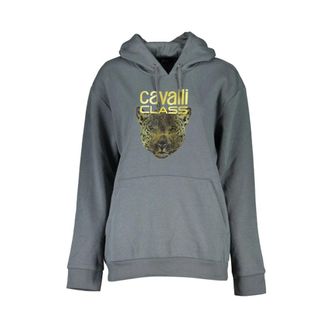 Cavalli Grijs fleece sweatshirt met capuchon en print - Dames - Hoodies - Grijs - L - Katoen - Hoodies & sweatvesten