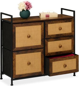 Relaxdays Cassettiera Camera da Letto e Ingresso, Comò con 5 Cassetti in Look Rattan, hlp: 77x85x31,5 cm, Marrone Nero - Relaxdays
