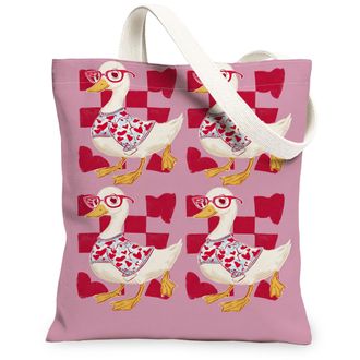 Generic Fanciful Duck Canvas Tote Bags, Cute Heart Pattern Reusable Grocery Bags, Vintage Lightweight Washable Shoulder Strap, Peach, 13x15 Inch