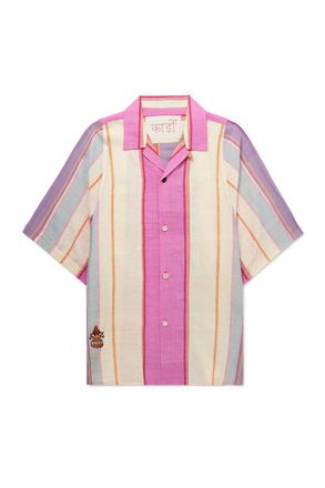 Kardo Yusuke Convertible-Collar Embroidered Striped Silk Shirt