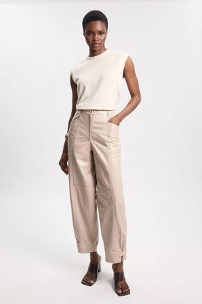 Karen Millen Womens Leather Barrel Leg Trouser - Cream - Size 14 UK