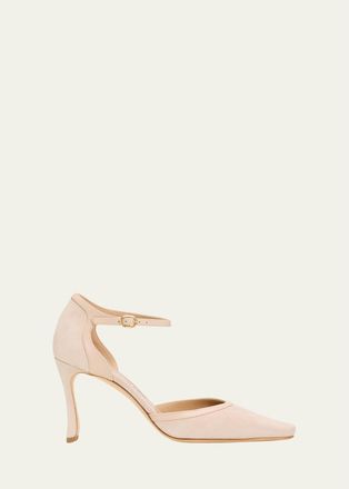 Manolo Blahnik 90mm Verdusan Mixed Leather Ankle-Strap Pumps