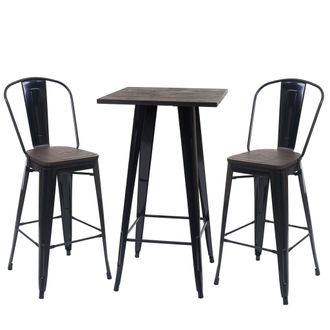 Hhg Hhg - Set Mesa De Bar + 2x Taburete De Bar 407 Incl. Tablero De Madera, Taburete De Bar Mesa De Bar, Metal Dise&ntilde;o Industrial, Mvg, Negro