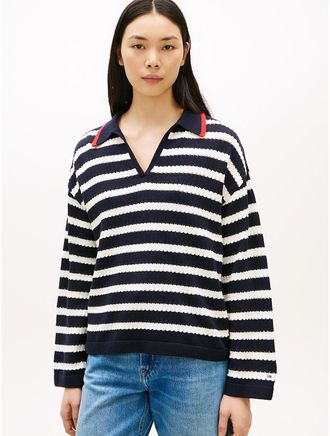 Tommy Hilfiger Womens Breton Stripe Pointelle Sweater Polo - Navy - XXL