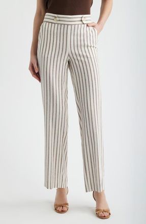 Anne Klein Stripe High Waist Straight Leg Pants in White Dove/Dark Chocolate at Nordstrom, Size Xx-Small
