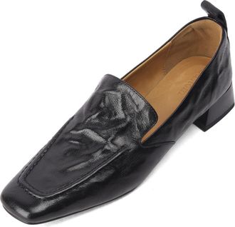 TinaCus Womens Genuine Leather Plicated Square Toe Handmade Chunky Heel Loafers Pumps Shoes, Black, 4 UK