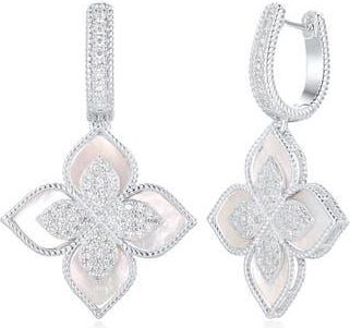 Suzy Levian Pavé Cubic Zirconia Floral Drop Huggie Hoop Earrings in White at Nordstrom Rack