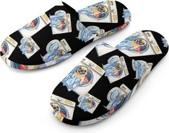 Generic Pug in Laundry Washing Flannel Mens Slip-on Slippers Winter Warm House Shoes with Rubber Sole for Home Hotel