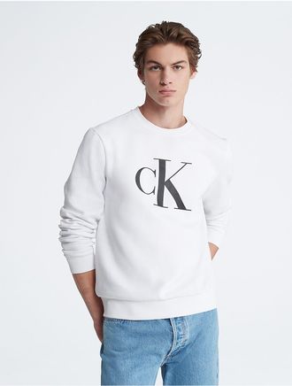 Calvin Klein Mens Monogram Logo Fleece Crewneck Sweatshirt - White - XS