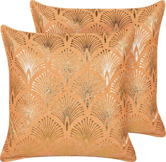 Beliani Beliani - Conjunto De 2 Cojines De Algod&oacute;n Glamour Moderno Dise&ntilde;o Geom&eacute;trico Dorado Hecho A Mano Funda Extra&iacute;ble 45 X 45 Cm Naranja Hoya