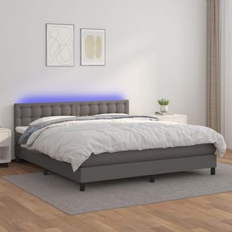 vidaXL Vidaxl - Cama Box Spring Colch&oacute;n Y Led Cuero Sint&eacute;tico Gris 160x200 Cm
