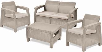 Keter Conjunto Lounge corfu Sofá Capuchino + 2 Sillones + Mesa de Centro Abierta - Keter