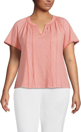 Lands End Plus Size Slub Short Sleeve Notch Neck Top in Sunset Coral Pink at Nordstrom, Size 1X