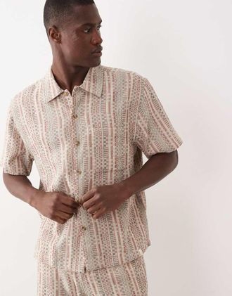 Farah Clarence - Camicia a maniche corte rossa testurizzata a righe con logo in coordinato-Multi