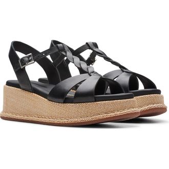 Clarks Kimmei Twisted Ankle Strap Platform Wedge Sandal in Black Leather at Nordstrom Rack, Size 7