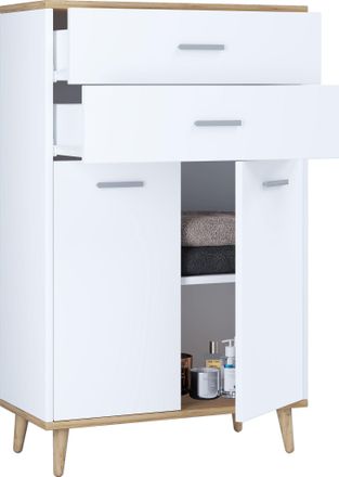 ebuy24 Vcm Caja De Cajones De Madera Sideboard Con 2 Puertas Giratorias Y Dos Cajones Dimensiones Aprox. Al. 97 X An. 60 X T. 28 Cm- Lindas (blanco / Roble D