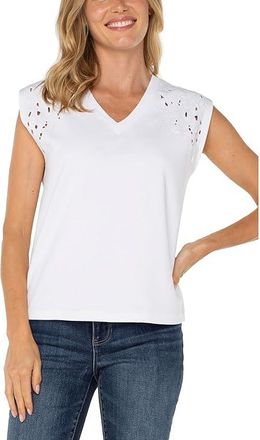 Liverpool L.A. Cap Sleeve Dolman V-neck Knit Top With Embroidery Womens Clothing White/Embroidery : MD, Cotton