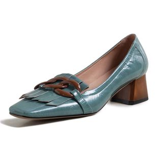 TinaCus Womens Genuine Leather Square Handmade Tassels Chunky Heel Retro Loafers Shoes with Chain, B Blue, 5.5 UK