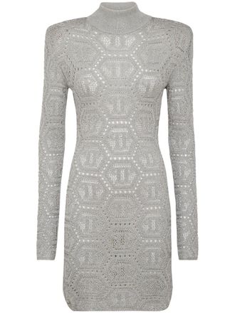 Philipp Plein monogram-pattern crochet-knit minidress - women - Acetate/Metallized Polyester/Polyamide - L - Grey