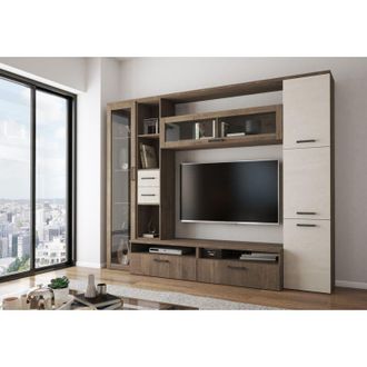 Dmora Pared Modular Sovizzo, 5 Estantes, 2 Cajones, Ajustable, 270x50x213h Cm Nogal Marr&oacute;n