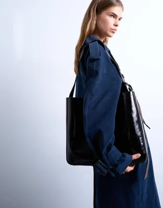 Topshop Tiana - Maxi borsa premium in vera pelle marrone e nera con fibbia-Nero