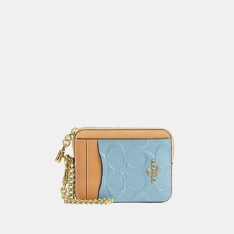 Coach Womens Zip Card Case In Signature Leather With Charm - Blue - One Size