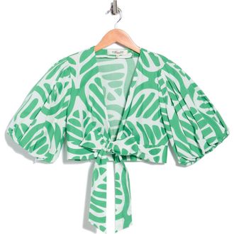 Diane Von F&uuml;rstenberg Luciana Puff Sleeve Crop Top in Desert Palm Indian Green at Nordstrom Rack, Size Xx-Small