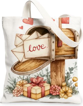 Generic Floral Canvas Tote Bags, Vintage Mailbox Pattern Reusable Grocery Bags, Spring Lightweight Washable Shoulder Strap for Trav, White, 13x15 Inch