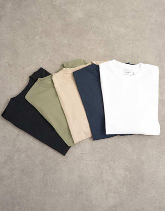 Topman Confezione da 5 T-shirt classiche nera, bianca, kaki, blu navy e color pietra-Multi