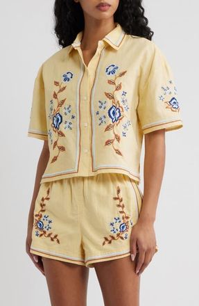 Cleobella Wynona Floral Embroidered Cotton & Linen Top in Impala at Nordstrom, Size X-Small