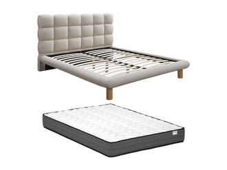 Vente-Unique Cama con cabecero acolchado 180 x 200 cm - Tela - Beige + Colch&oacute;n - FUDALI