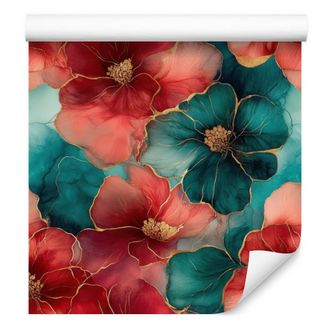 OEM Carta Da Parati Rosso Inchiostro, Turchese E Blu Mare Per Soggiorno E Camera Da Letto, 50x1000 Cm