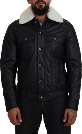 Dolce & Gabbana Mens Leather Jacket Shearling Collar - Black - Size EU 48 (Mens)