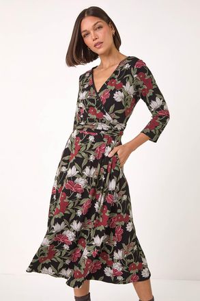 Roman Floral Print Wrap Front Midi Dress