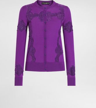Dolce & Gabbana Wool Cardigan With Lace - Woman Sweaters And Cardigans Purple 40