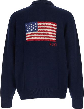 Polo Ralph Lauren Mens Sweater With Polo Collar, Blue Cotton Top
