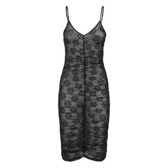 Philipp Plein Tulle Midi Jurk Monogram - Dames - Feestkleedjes - Zwart - XL - Polyester - Kleedjes