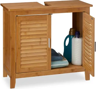 Relaxdays Mobile Sottolavabo Lamell In Bamb&ugrave; & Mdf, Armadietto, Lavandino, Lamellato, 2 Ante, 60x67x30 Cm Ca., Naturale - Relaxdays