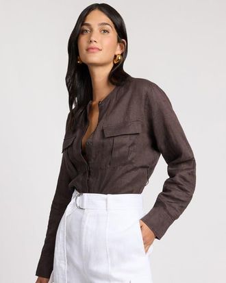 Onia Linen Utility Shirt in Espresso at Nordstrom, Size X-Small