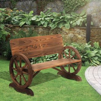 OUTSUNNY Rustic Wood Design Garden Wagon Wheel Bench D&eacute;cor Outdoor Loveseat in Brown